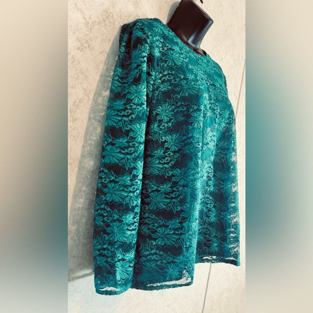 Draper James Green Floral Lace Pull Over Blouse Lined Sheer 3/4 Sleeves - Picture 3 of 15